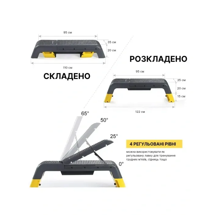 Степ-платформа WCG Pro 2в1 з регулюванням + еспандери: для фітнесу та дому (до 180 кг)