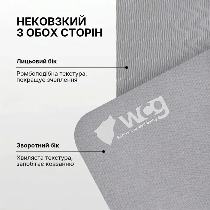 Коврик для йоги складной WCG 183х61х0.6 см, нескользящий TPE мат для фитнеса, пилатеса и растяжки, серый