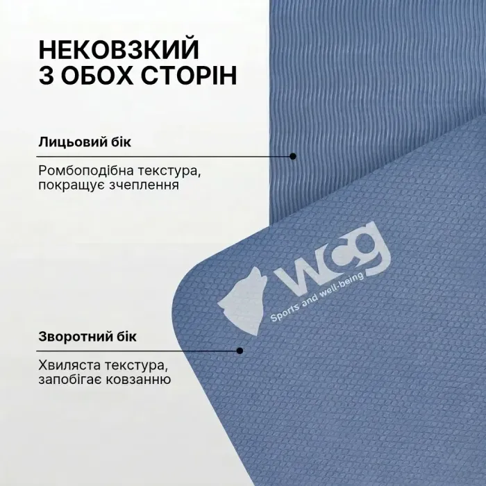 Коврик для йоги складной WCG 183х61х0.6 см TPE, нескользящий мат для фитнеса, пилатеса и растяжки, синий