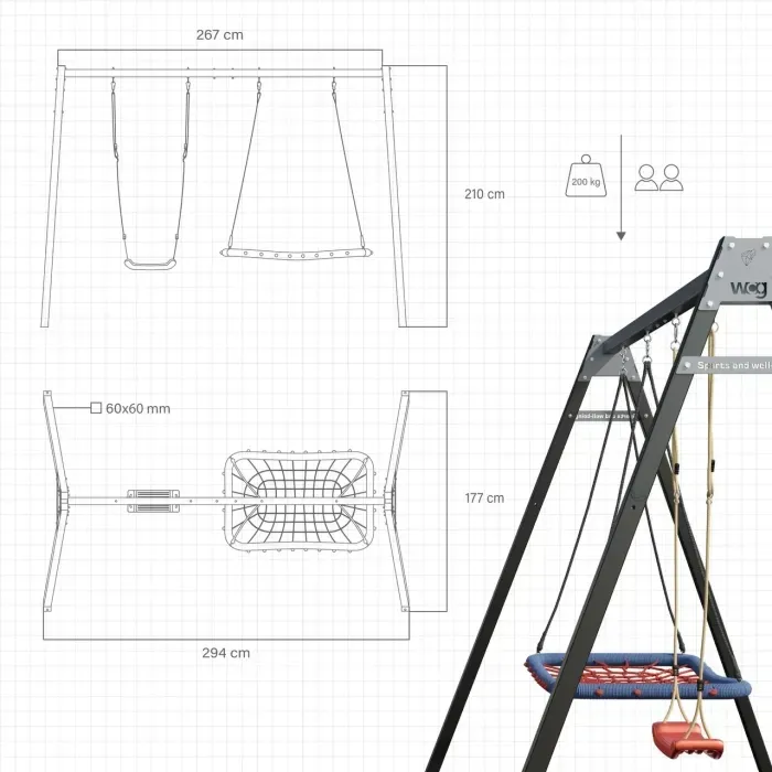 Комплект! Каркас для детских качелей WCG 2 Elite Play Frame + Качели гнездо Elips + пластиковые качели