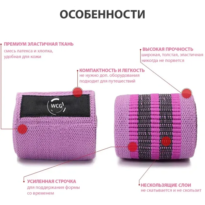 Фитнес резинки тканевые WCG Набор из 3х шт., Эспандеры для ног и ягодиц, Тканевые резинки для фитнеса